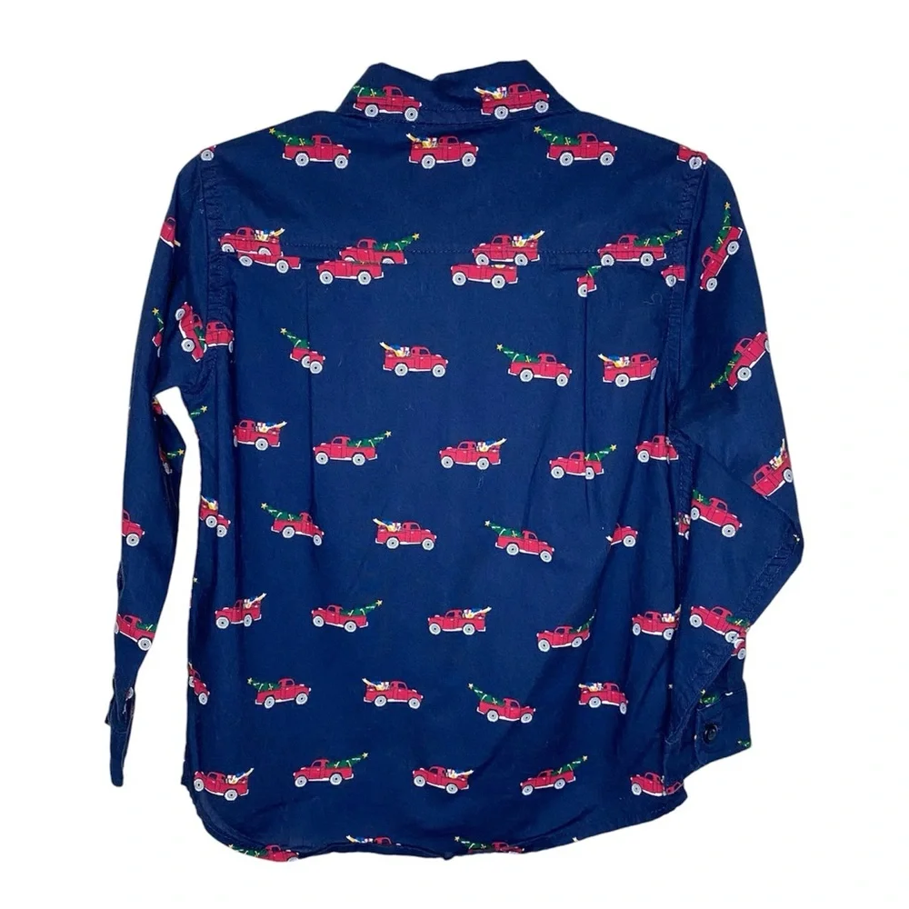 The Children’s Place Navy Blue Red Truck Christmas Tree Button Up Size 3T